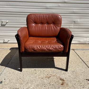 Vintage Danish Lounge Chair Leather and Cane Scandinavian Modern Illum Wikkelso 