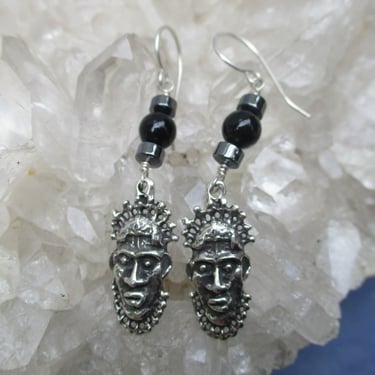 Tribal Mask Earrings w/Black Onyx and Hematite ~Sterling Silver~ 1 3/4