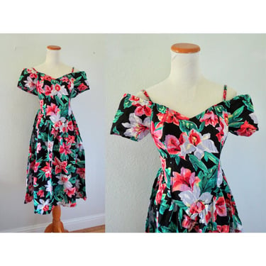 Vintage 80s Floral Dress - Sweetheart Neckline Off the Shoulder 1980s Party Dress - Size XXS 
