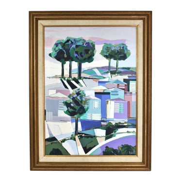 Mid Century Modern Italian Abstract Geometric Oil Painting Houses Signed Marzio Guasti
