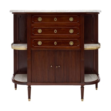 French Louis XVI Style Mahogany Buffet with Marble Shelves and Tambour Doors, Circa 1880