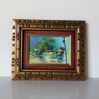 1970s Vintage Asian Rickshaw Street Scene Oil Painting on Plywood – Framed 