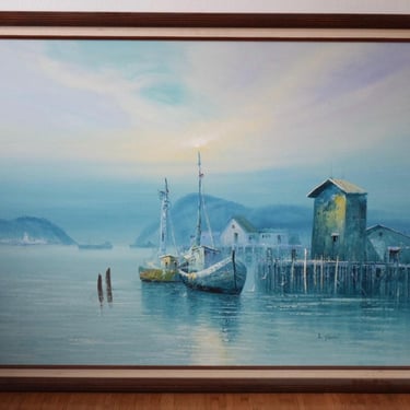 Original Coastal Harbor Oil Painting – Huge 53x42” Framed Canvas, Nautical Seascape with Boats and Pier, Timeless Marine Wall Art Decor 