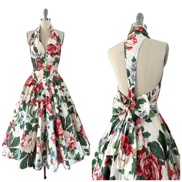 80s Karen Alexander Floral Print Sun Dress / 1980s does 1950s Vintage Cotton Day Dress / Medium 