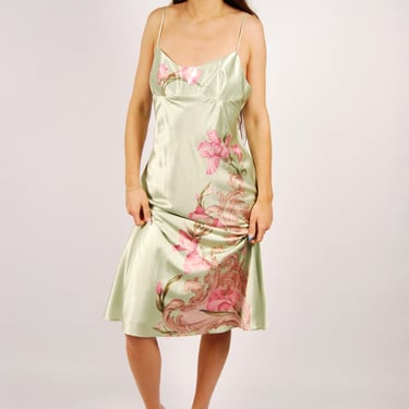 Y2K Graphic Slip Dress (M) medium green pink vintage womens midi 