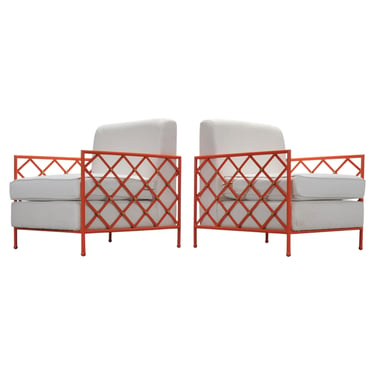 Pair of French Maison Jean Orange Iron Lattice Lounge Chairs