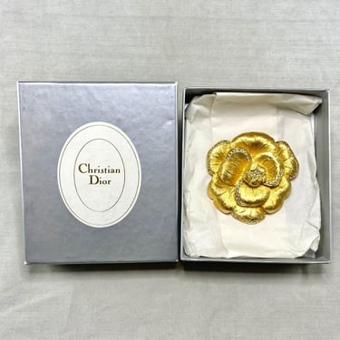 Vintage Christian Dior Flower pin  in box Gold Tone Rhinestone 2.25 Inches Wide 