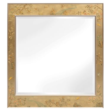 LaBarge Gold Leaf & Reverse Painted Chinoiserie Style Glass & Aluminum Mirror