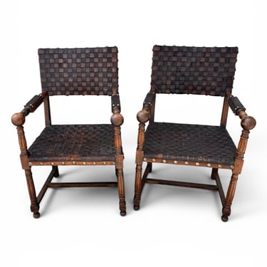 Pair Lath 19th c French Leather Chairs