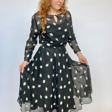 1980s Dress Silk Chiffon Party Cocktail Metallic Full Skirt S 