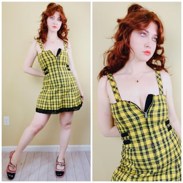 Y2K Tripp NYC by Daang Goodman Yellow and Black Plaid Dress / Vintage Handcuff Goth Grunge Mini Dress / XS 