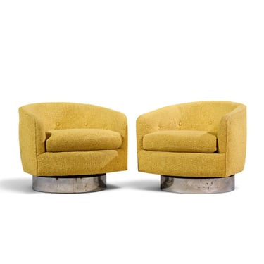 Milo Baughman for Thayer Coggin Roxy Mid Century Chrome Barrel Swivel Lounge Chairs - Pair 