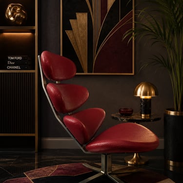 Mid Century MMid-Century Modern Poul M. Volther Corona Style Sculptural Swivel Lounge Chair Newly Reupholstered in Embossed Red Leather