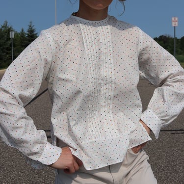 Vintage Polka Dot Shirt / 80's SHAPELY White Rainbow Blouse / Medium 