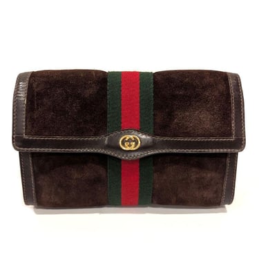 NEAR MINT! Gucci Web Stripe Brown Suede Clutch Bag Leather Trim 