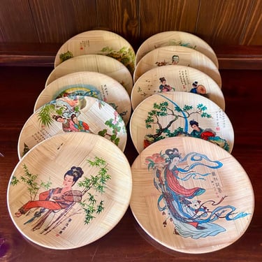 Ten Vintage Bamboo Plates Taiwan Republic of China; Chinese Bamboo Plates; Bamboo Plates Taiwan; Vintage Asia 