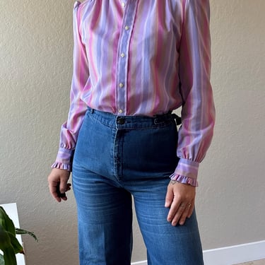 70s Striped Blouse 70s Lady Eagle Top 70s Pink Purple Striped Blouse Vintage Ruffled Button Up Top Vintage Striped Blouse Vintage Lady Eagle 