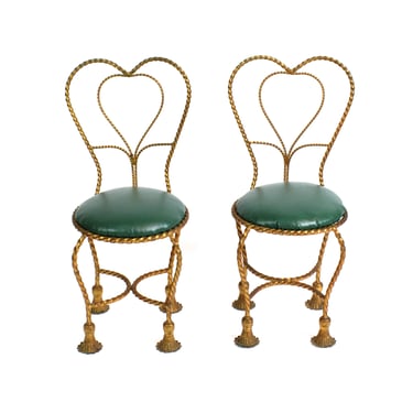 Pair of 1960s Gilt Twisted Rope Metal Italian Chairs with Tassel Feet