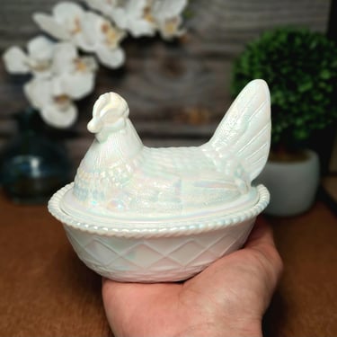 Pearl Carnival Glass Hen on Nest Chicken Candy Dish - Vintage Style, Farmhouse Kitchen Decor, Depression Style Milk Glass, Jewelry Box 