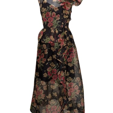 Sea NY - Black, Red, Green, & Beige Floral Semi Sheer Cornelia Dress Sz 14
