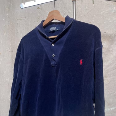 1990s Polo Navy Blue Terry and Cotton Knit Pullover with Shawl Collar 1980s 