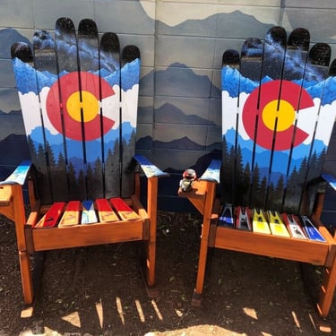 Set of 2 Hand-Painted Colorado Flag Mountain Mural Ski Chairs 