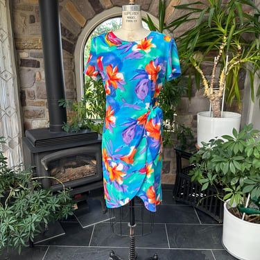 Vintage 1990s Blue and Orange Rayon Floral Sarong Style Dress K C Spencer 