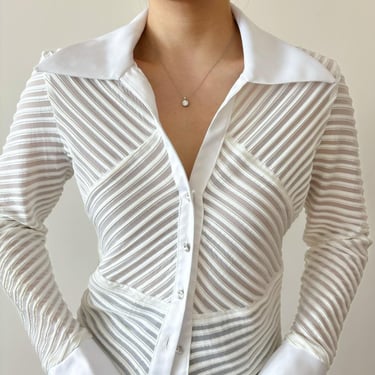 vintage blouse button down shirt vintage top striped 90s retro Y2K vintage style deadstock NWT white sheer mesh minimalist size S 