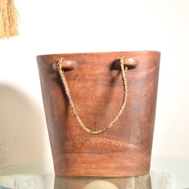 Turner Martin HAND CARVED TEAKWOOD Woven Handle Bucket Vessel 