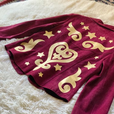 Hand Painted Georgiou Berry Suede Jacket / Gold Metallic Stars / Vintage Genuine Leather Jacket / Wearable Art / Women's Size M 