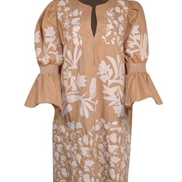 Calypso - Beige w/White Embroidered Detail Puff Crop Sleeve Dress Sz XL