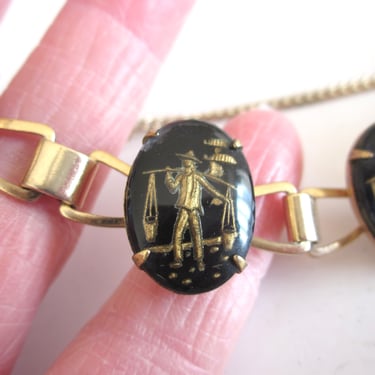 Asian Chinoiserie Necklace, Prong-Set Reverse Carved Intaglio Asian Figures Carrying Water, Black Glass Dome Cameos, Gilt Link Necklace 