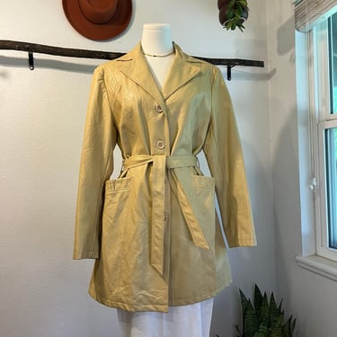 Vintage 80s Pale Yellow Vegan Leather Wrap Trench Coat Jacket Size Small 