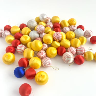 TINY SATIN ORNAMENTS, 65 Pieces, Assorted Red, Gold Striped, Silky Christmas Balls, Wreath Making Supply, 