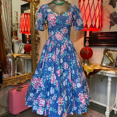 vintage 1980s floral cotton dress laura ashley blue and pink fit and flare full 