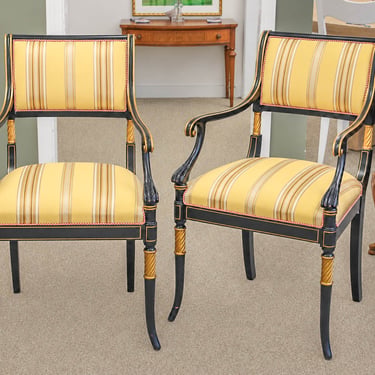 Pair of Regency Ebonized Arm Chairs with Gold Trim & Striped Yellow Silk