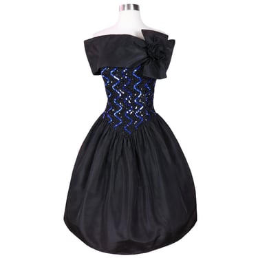 Vintage 80s Gunne Sax Sequin Blue Black Taffeta Glam Full Skirt Prom Cocktail Party Dress M Medium Jessica McClintock 1980s Evening Dance 