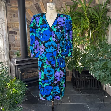 Vintage 1980s Black Blue Purple Green Silk Abstract Floral Dress Silk Studio Petites 