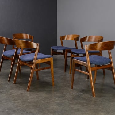 6 Kirkegaard Ribbon-Back Dining Chairs Mid Century Danish Modern Walnut and Blue 