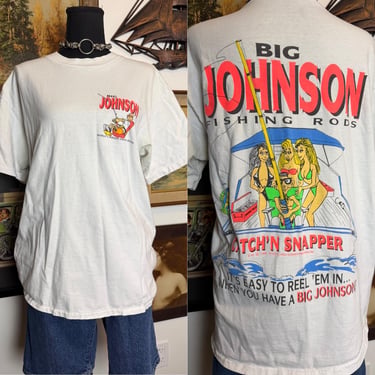 Vintage 1991 BIG JOHNSON World's Largest Fishing Rods Funny Tshirt L-XL 