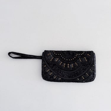 80s Black and Gold Sequined and Beaded Clutch Wristlet Evening Bag 