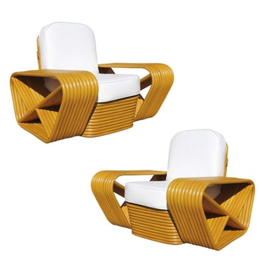 Restored 10 Strand Square Pretzel Rattan Lounge Chair Paul Frankl Style, Pair 