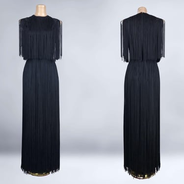 VINTAGE 60s Full Length Black Fringe Evening Dress by Lilli Diamond | 1960s Unique Formal Gown | VFG 