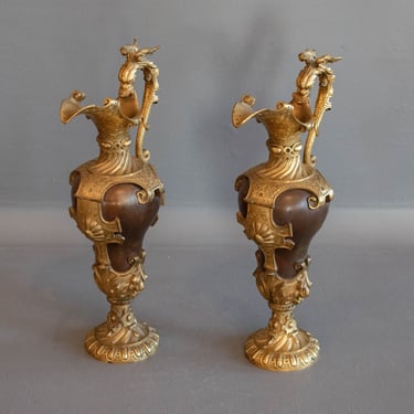 1880's French Louis XVI Ornate Two- Tone Bronze Sculpted Decorative Urn Pair