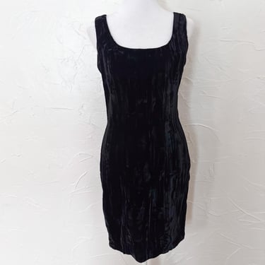 80s Betsey Johnson Punk Label Crushed Black Velvet Sleeveless Party Dress | Small 