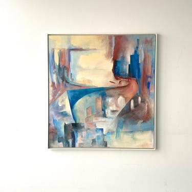 Vintage Framed Abstract Ciryscape Oil & Acrylic Original Painting on Canvas. White Floating Frame. Free Shipping. 