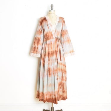 vintage 70s robe bed jacket nylon tie dye hippie boho lingerie wrap duster maxi S M 