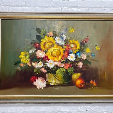 FRAMED Still Life Oil Painting Bright Flowers ARTWORK Wall Hanging, c. 1960 