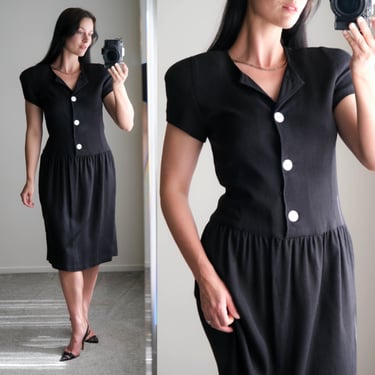 Vintage 80s Deep Black Relaxed Rayon & Flax Linen Drop Waist Dress w/ Bold Shoulders | Made in USA | 1980s Designer Union Made Dress 