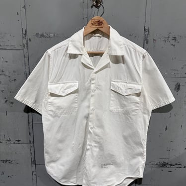 True Vintage 70s USN US Navy Tropical White Stencil Military Short Sleeve Button Up Uniform Dress Shirt Small 